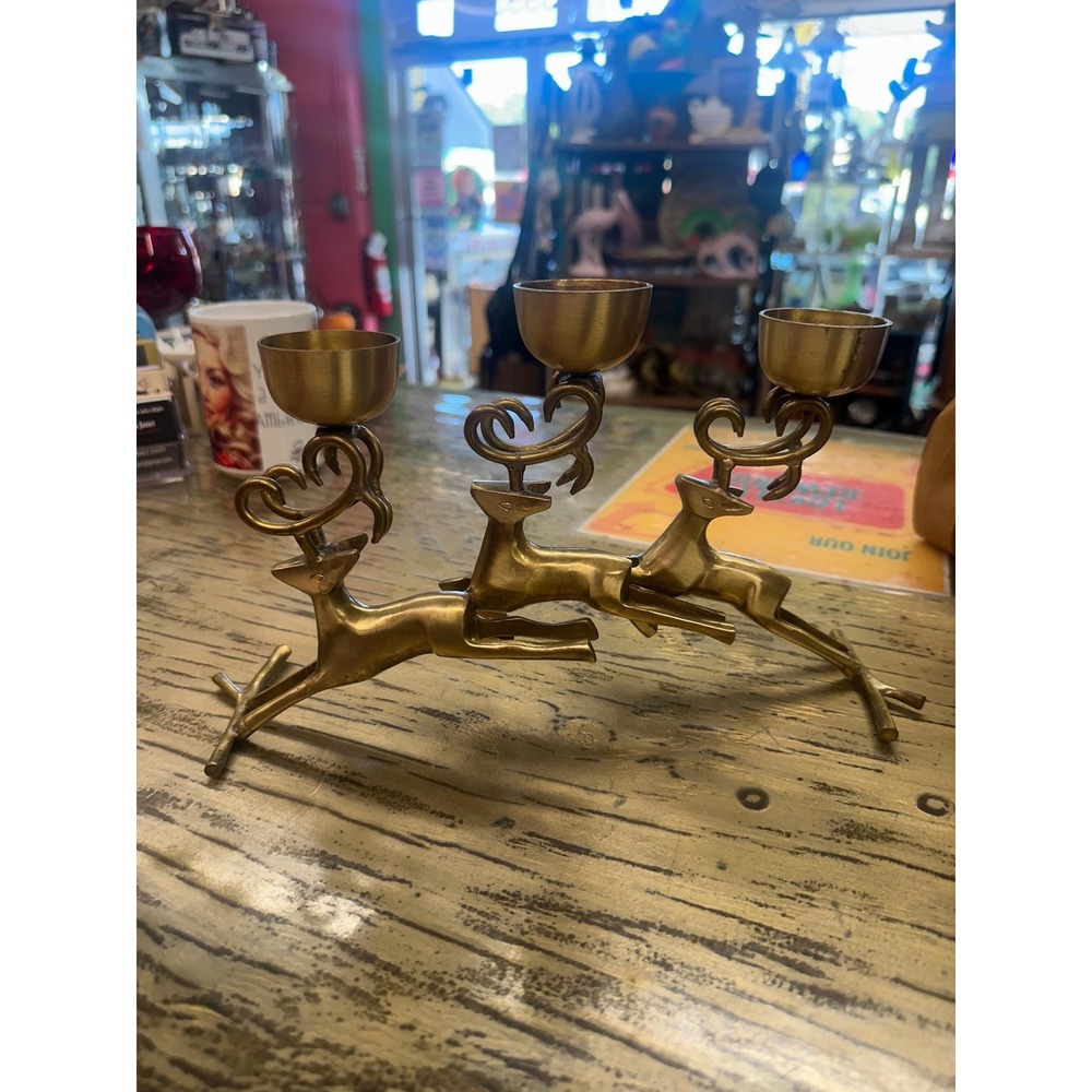 Vintage Brass Deer Trio Tealight Candle Holder